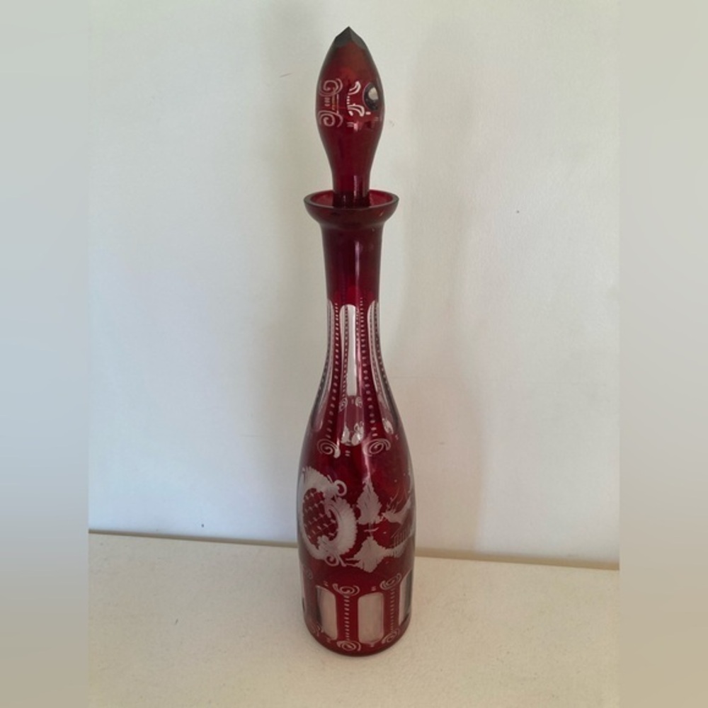 Vtg Bohemian Czech Red cut to clear Crystal Glass Liquor Decanter Ruby